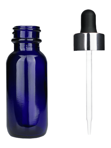 Boston round design 15ml, 1/2 oz  Cobalt blue glass bottle and black dropper and a shiny silver trim cap.