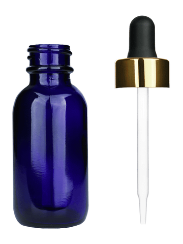 Boston round design 30ml, 1oz Cobalt blue glass bottle and black dropper with a shiny gold trim cap.