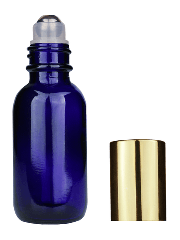Boston round design 30ml, 1oz Cobalt blue glass bottle with metal roller plug and shiny gold cap.