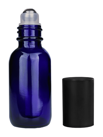 Boston round design 30ml, 1oz Cobalt blue glass bottle with metal roller plug and matte black cap.