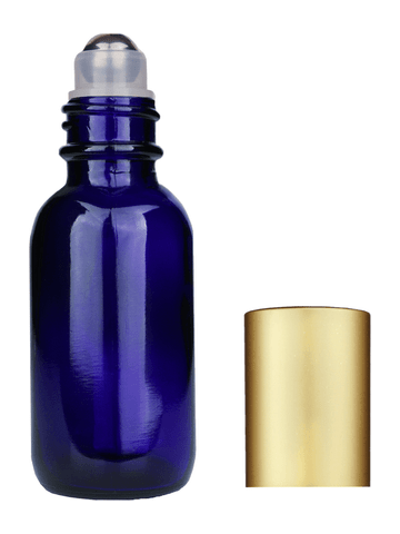 Boston round design 30ml, 1oz Cobalt blue glass bottle with metal roller plug and matte gold cap.