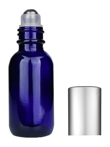 Boston round design 30ml, 1oz Cobalt blue glass bottle with metal roller plug and matte silver cap.