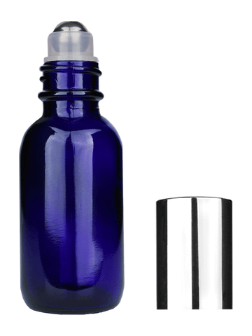 Boston round design 30ml, 1oz Cobalt blue glass bottle with metal roller plug and shiny silver cap.