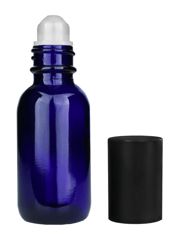 Boston round design 30ml, 1oz Cobalt blue glass bottle with plastic roller ball plug and matte black cap.