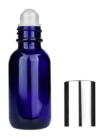 Boston round design 30ml, 1oz Cobalt blue glass bottle with plastic roller ball plug and shiny silver cap.