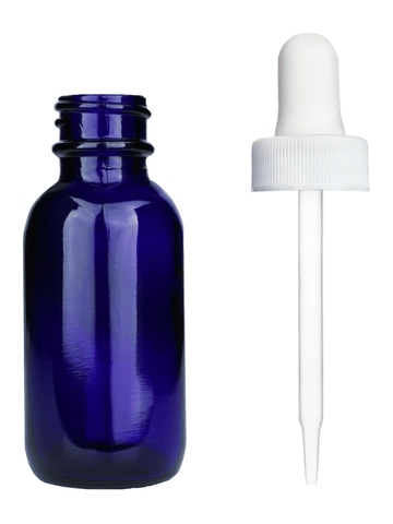 Boston round design 30ml, 1oz Cobalt blue glass bottle with white dropper.