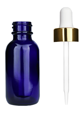Boston round design 30ml, 1oz Cobalt blue glass bottle and white dropper with a shiny gold trim cap.