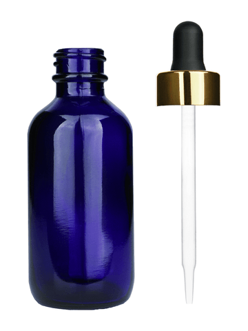 Boston round design 60ml, 2oz Cobalt blue glass bottle and black dropper with a shiny gold trim cap.