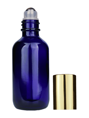 Boston round design 60ml, 2oz Cobalt blue glass bottle with metal roller ball plug and shiny gold cap.