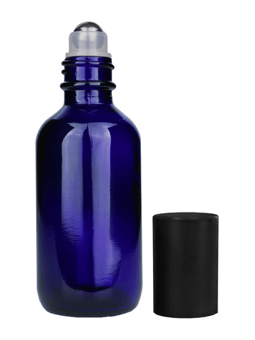 Boston round design 60ml, 2oz Cobalt blue glass bottle with metal roller ball plug and matte black cap.