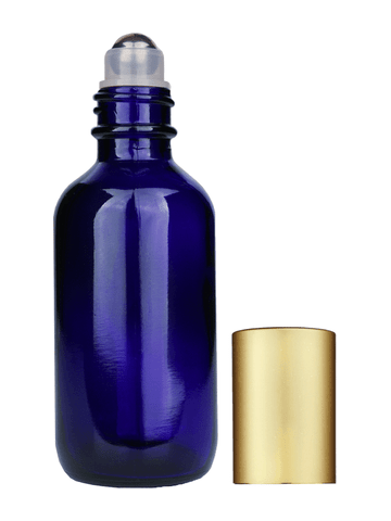 Boston round design 60ml, 2oz Cobalt blue glass bottle with metal roller ball plug and matte gold cap.