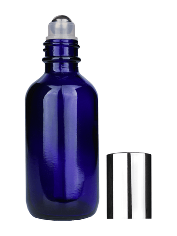 Boston round design 60ml, 2oz Cobalt blue glass bottle with metal roller ball plug and shiny silver cap.