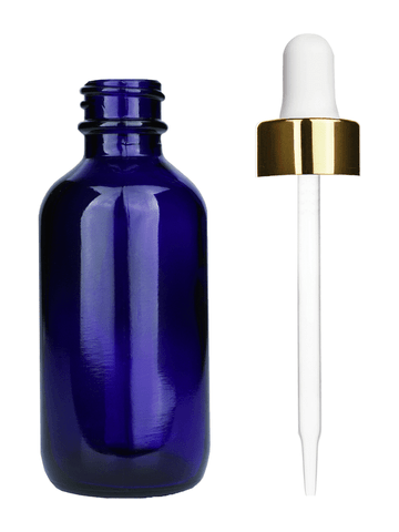 Boston round design 60ml, 2oz Cobalt blue glass bottle and white dropper with a shiny gold trim cap.