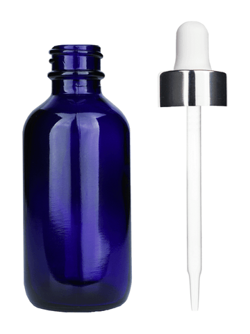 Boston round design 60ml, 2oz Cobalt blue glass bottle and white dropper with a shiny silver trim cap.
