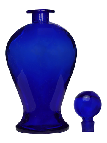 Pear shaped blue bottle with glass stopper. Capacity : 12oz (336ml)