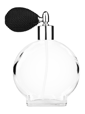 Circle design 100 ml, 3 1/2oz  clear glass bottle  with black vintage style bulb sprayer with shiny silver collar cap.