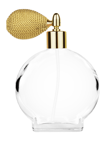 Circle design 100 ml, 3 1/2oz  clear glass bottle  with gold vintage style sprayer with shiny gold collar cap.