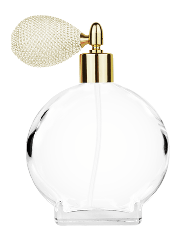 Circle design 100 ml, 3 1/2oz  clear glass bottle  with ivory vintage style bulb sprayer with shiny gold collar cap.
