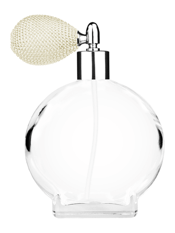 Circle design 100 ml, 3 1/2oz  clear glass bottle  with ivory vintage style bulb sprayer with shiny silver collar cap.