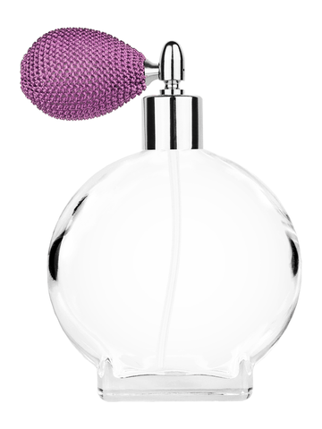 Circle design 100 ml, 3 1/2oz  clear glass bottle  with lavender vintage style bulb sprayer with shiny silver collar cap.