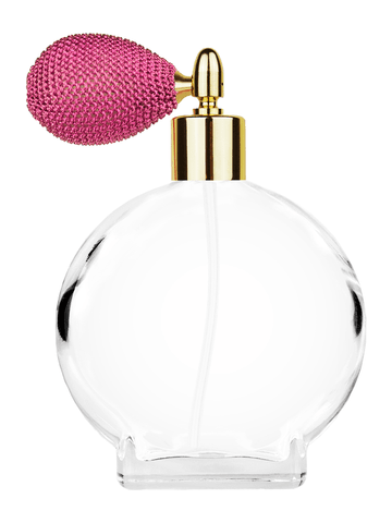 ***OUT OF STOCK***Circle design 100 ml, 3 1/2oz  clear glass bottle  with pink vintage style bulb sprayer with shiny gold collar cap.