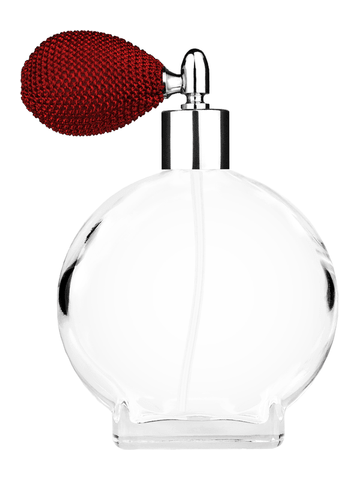 Circle design 100 ml, 3 1/2oz  clear glass bottle  with red vintage style bulb sprayer with shiny silver collar cap.