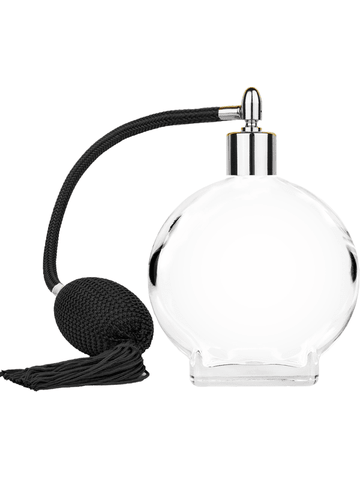 Circle design 100 ml, 3 1/2oz  clear glass bottle  with Black vintage style bulb sprayer with tasseland shiny silver collar cap.