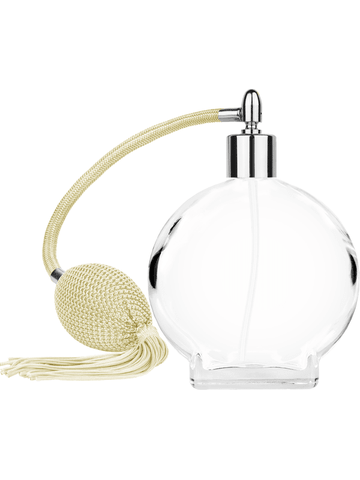 Circle design 100 ml, 3 1/2oz  clear glass bottle  with Ivory vintage style bulb sprayer with tassel and shiny silver collar cap.