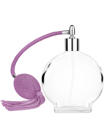 Circle design 100 ml, 3 1/2oz  clear glass bottle  with Lavender vintage style bulb sprayer with Tasseland shiny silver collar cap.