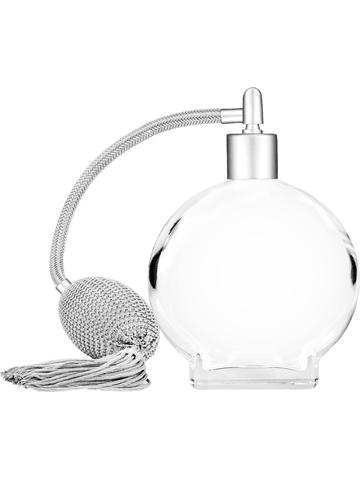 Circle design 100 ml, 3 1/2oz  clear glass bottle  with Silver vintage style bulb sprayer with tasseland matte silver collar cap.