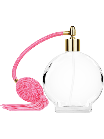 Circle design 100 ml, 3 1/2oz  clear glass bottle  with Pink vintage style bulb sprayer with tassel and shiny gold collar cap.