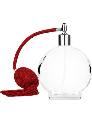 Circle design 100 ml, 3 1/2oz  clear glass bottle  with Red vintage style bulb sprayer with tasseland shiny silver collar cap.