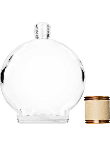 Circle design 100 ml, 3 1/2oz  clear glass bottle  with reducer and ivory faux leather cap.