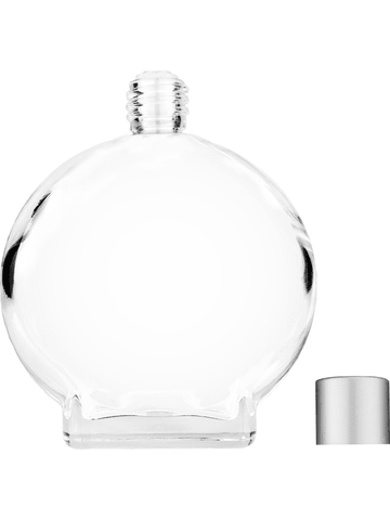 Circle design 100 ml, 3 1/2oz  clear glass bottle  with reducer and silver matte cap.