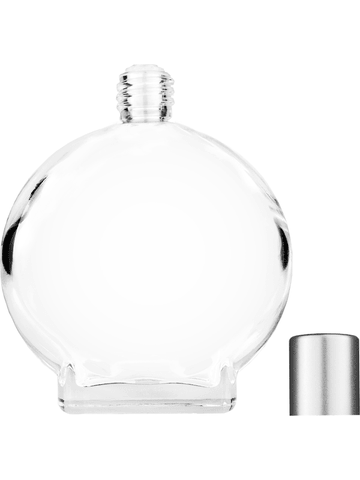Circle design 100 ml, 3 1/2oz  clear glass bottle  with reducer and tall silver matte cap.