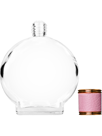 Circle design 100 ml, 3 1/2oz  clear glass bottle  with reducer and pink faux leather cap.
