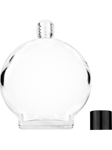 Circle design 100 ml, 3 1/2oz  clear glass bottle  with reducer and black shiny cap.