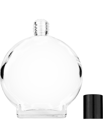 Circle design 100 ml, 3 1/2oz  clear glass bottle  with reducer and tall black shiny cap.