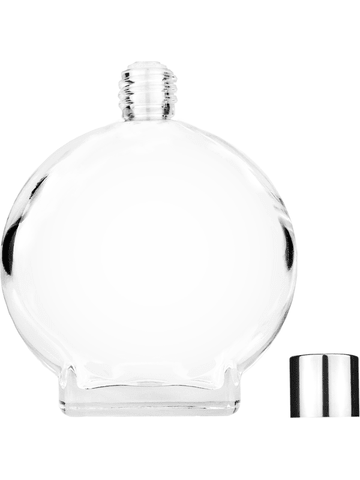 Circle design 100 ml, 3 1/2oz  clear glass bottle  with reducer and shiny silver cap.