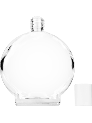Circle design 100 ml, 3 1/2oz  clear glass bottle  with reducer and white cap.