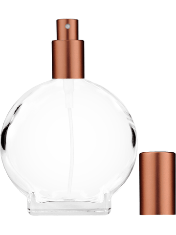 Circle design 100 ml, 3 1/2oz  clear glass bottle  with matte copper spray pump.