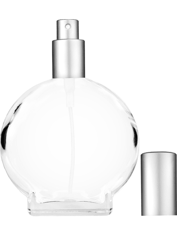 Circle design 100 ml, 3 1/2oz  clear glass bottle  with matte silver spray pump.