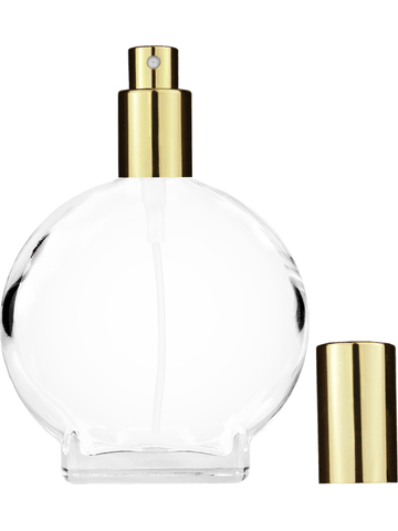 Circle design 100 ml, 3 1/2oz  clear glass bottle  with shiny gold spray pump.