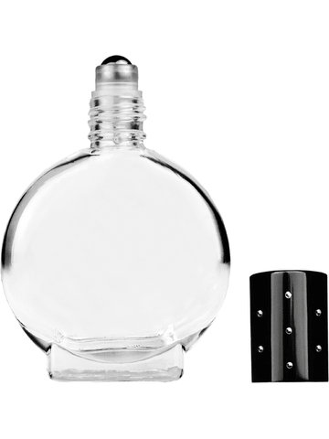 Circle design 15ml, 1/2oz Clear glass bottle with metal roller ball plug and black shiny cap with dots.