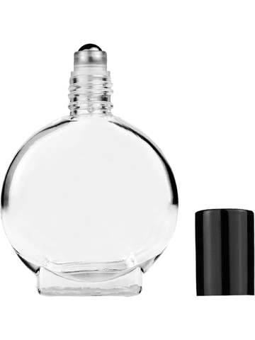 Circle design 15ml, 1/2oz Clear glass bottle with metal roller ball plug and black shiny cap.