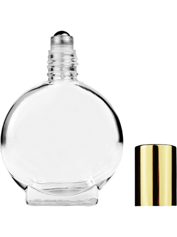 Circle design 15ml, 1/2oz Clear glass bottle with metal roller ball plug and shiny gold cap.