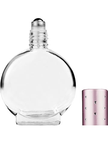 Circle design 15ml, 1/2oz Clear glass bottle with metal roller ball plug and pink cap with dots.