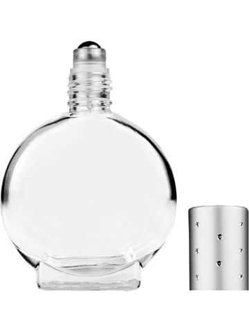 Circle design 15ml, 1/2oz Clear glass bottle with metal roller ball plug and silver cap with dots.
