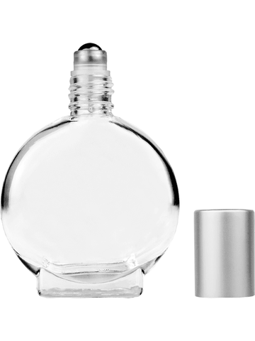 Circle design 15ml, 1/2oz Clear glass bottle with metal roller ball plug and matte silver cap.