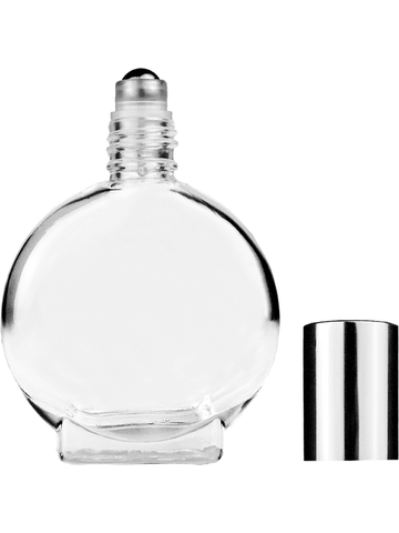 Circle design 15ml, 1/2oz Clear glass bottle with metal roller ball plug and shiny silver cap.